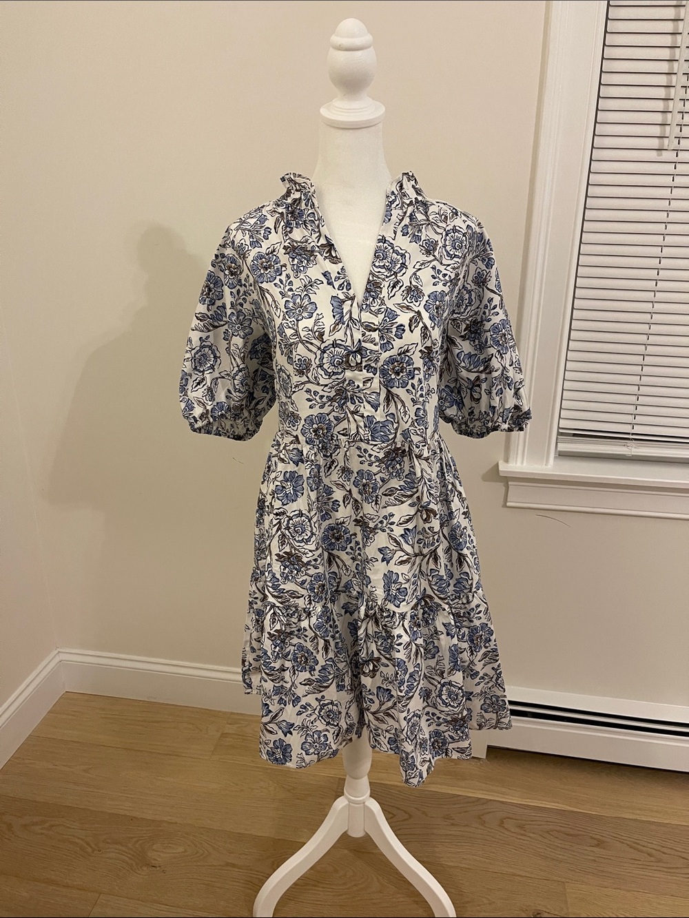 1. State White Midi Dress with Blue Floral Print and Puff Sleeves